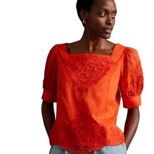 NWT Anthropologie Orange Embroidered Women's Top, Size XS